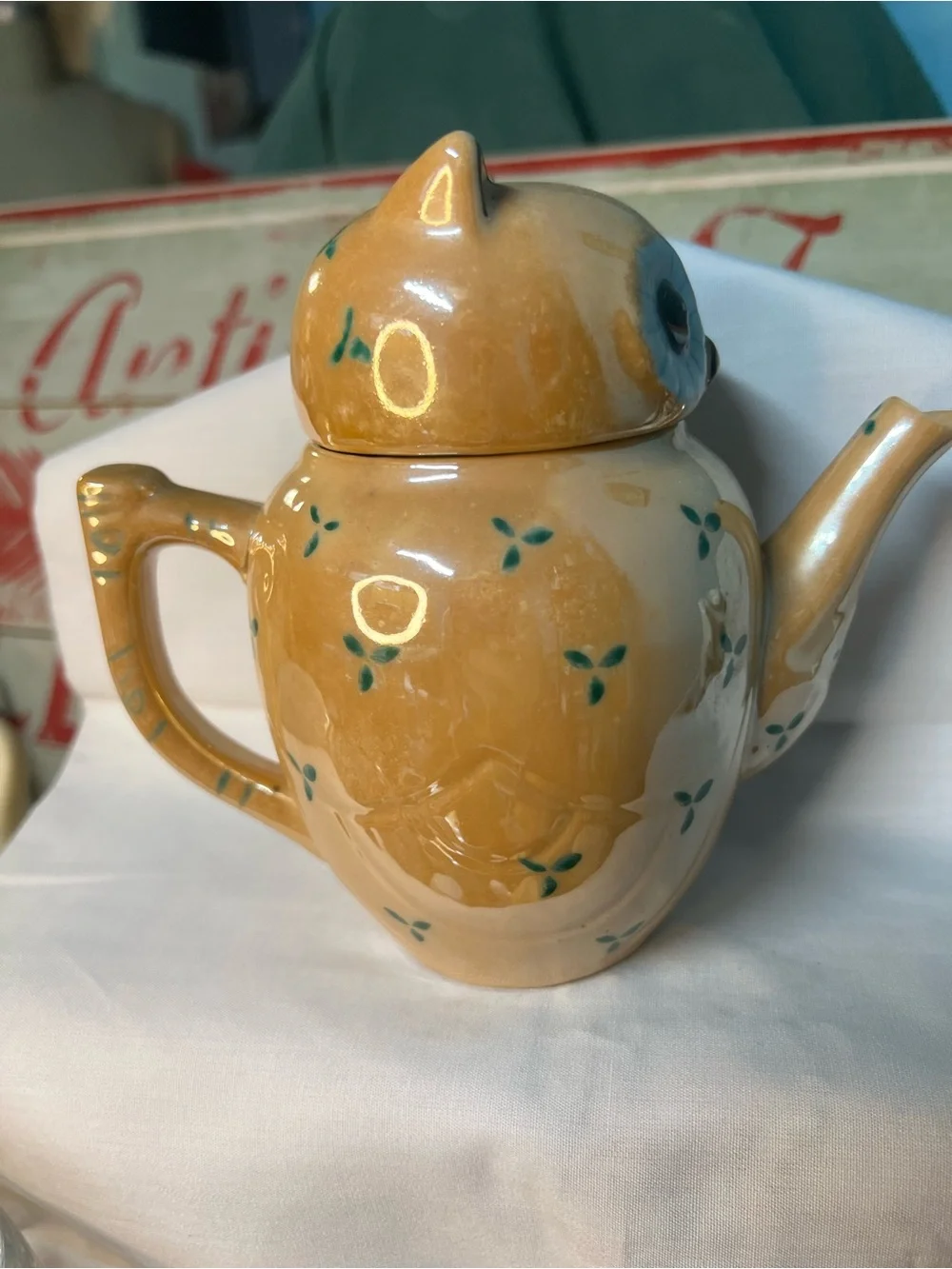 Kitschy Orange Lustreware Owl Teapot